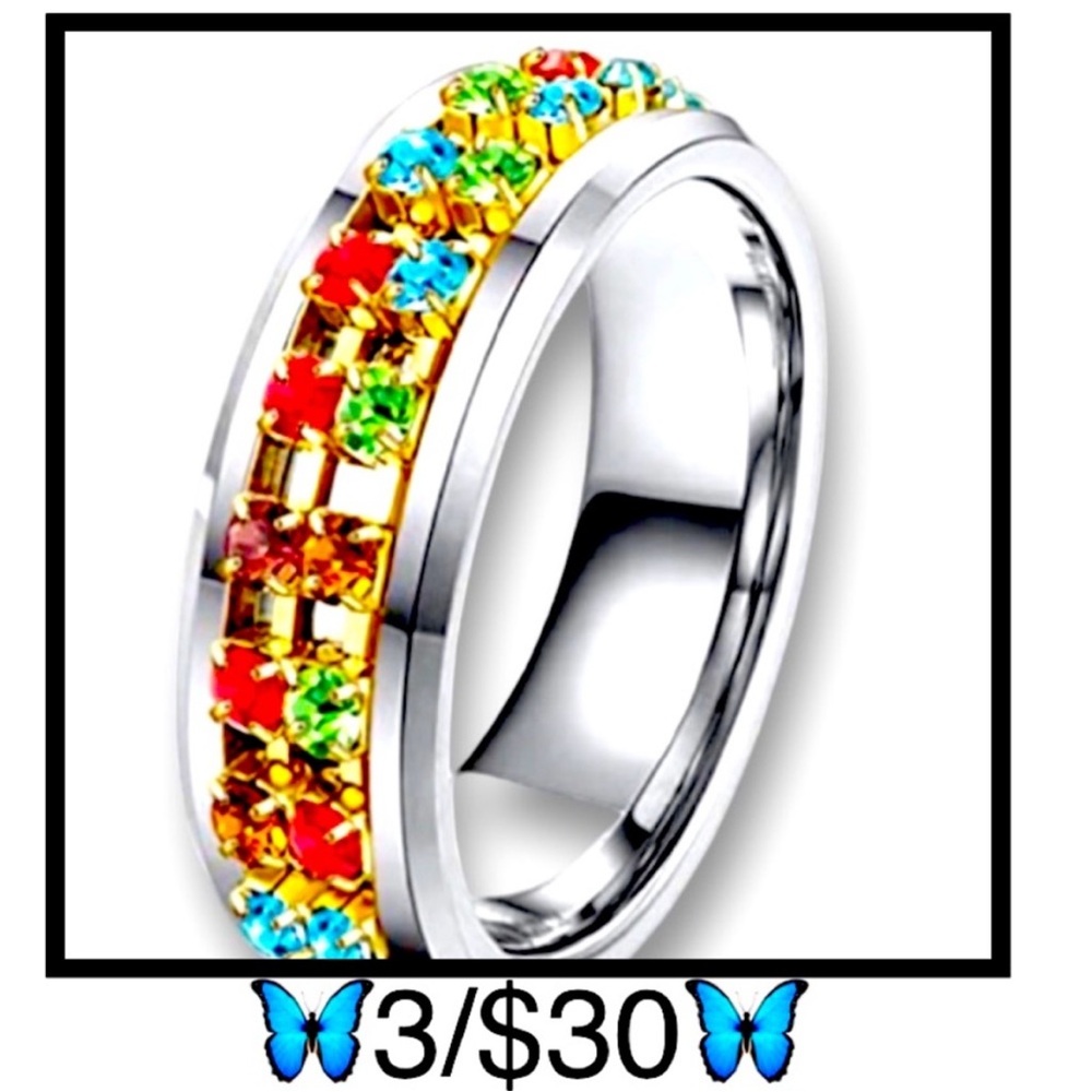 Fidget Spinner Stainless Steel Multicolor Jeweled Ring, Size 10